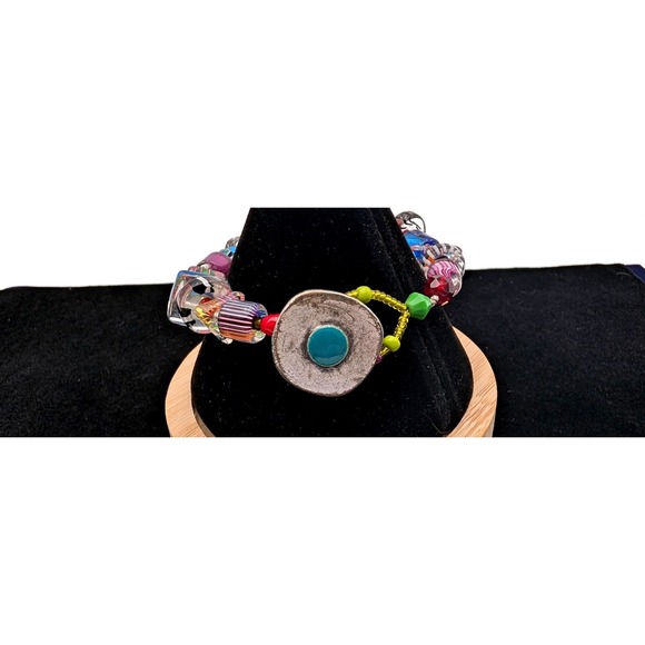 Jewelry - Artisan Lampwork Glass Bead Bracelet Multi Color Boho Button Toggle 8 Inch